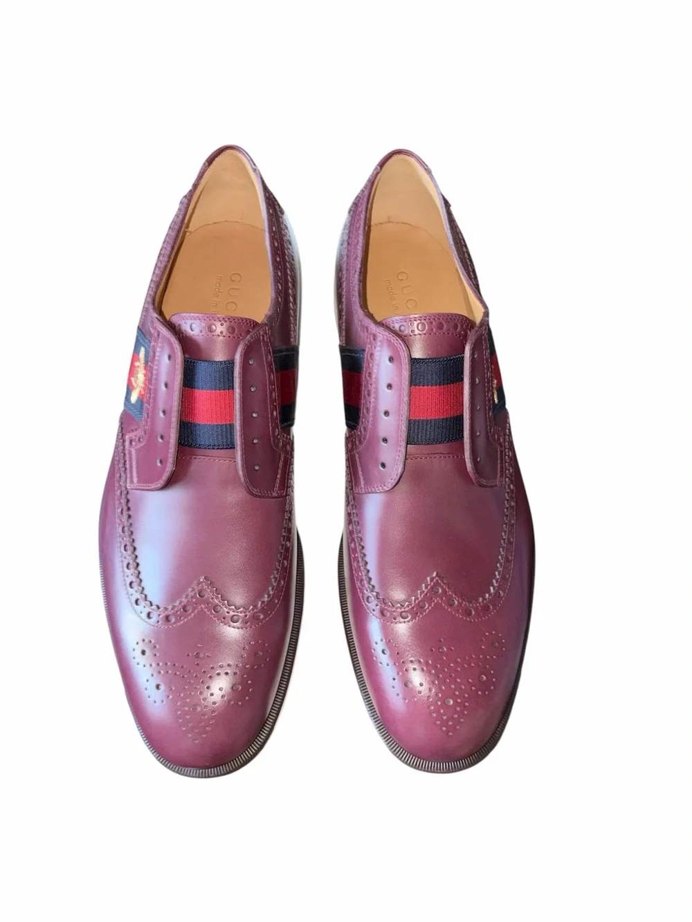 Gucci Men's Burgundy Wingtip Oxfords with Signature Web and Bee size 10.5